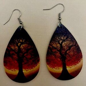 Bohemian Tree Of Life Teardrop Dangle Mystical Faux Leather Earrings Lightweight